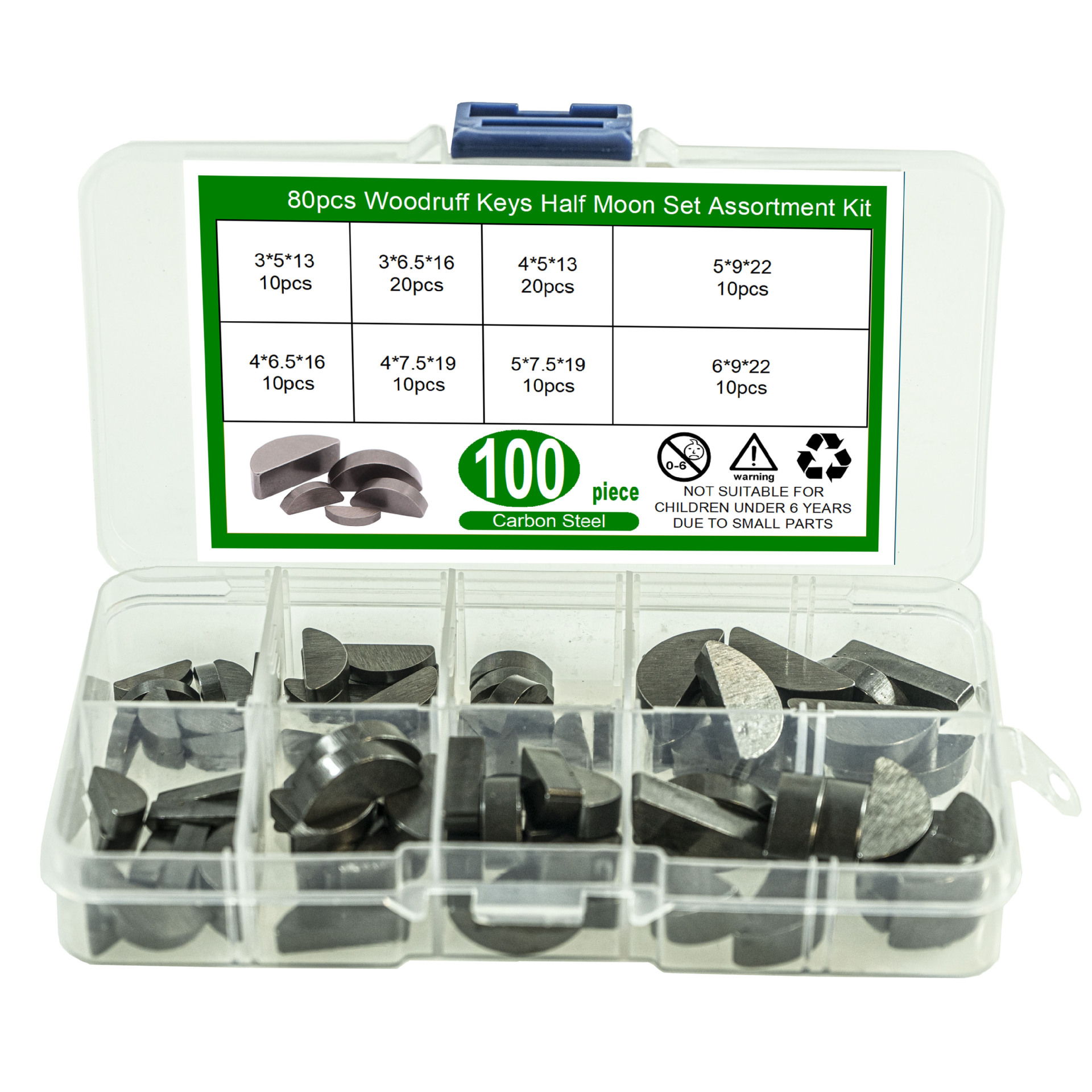 100Pcs Carbon Steel Woodruff Keys Assortment Kit Semi-Circular Keys Multiple Sizes M3 M4 M5 M6 for Automotive & Bicycle Parts