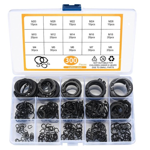 300Pcs Carbon Steel Black External Circlip Assortment A Type C Type Shaft Retaining Rings M4-M28 Elastic Snap Rings Kit