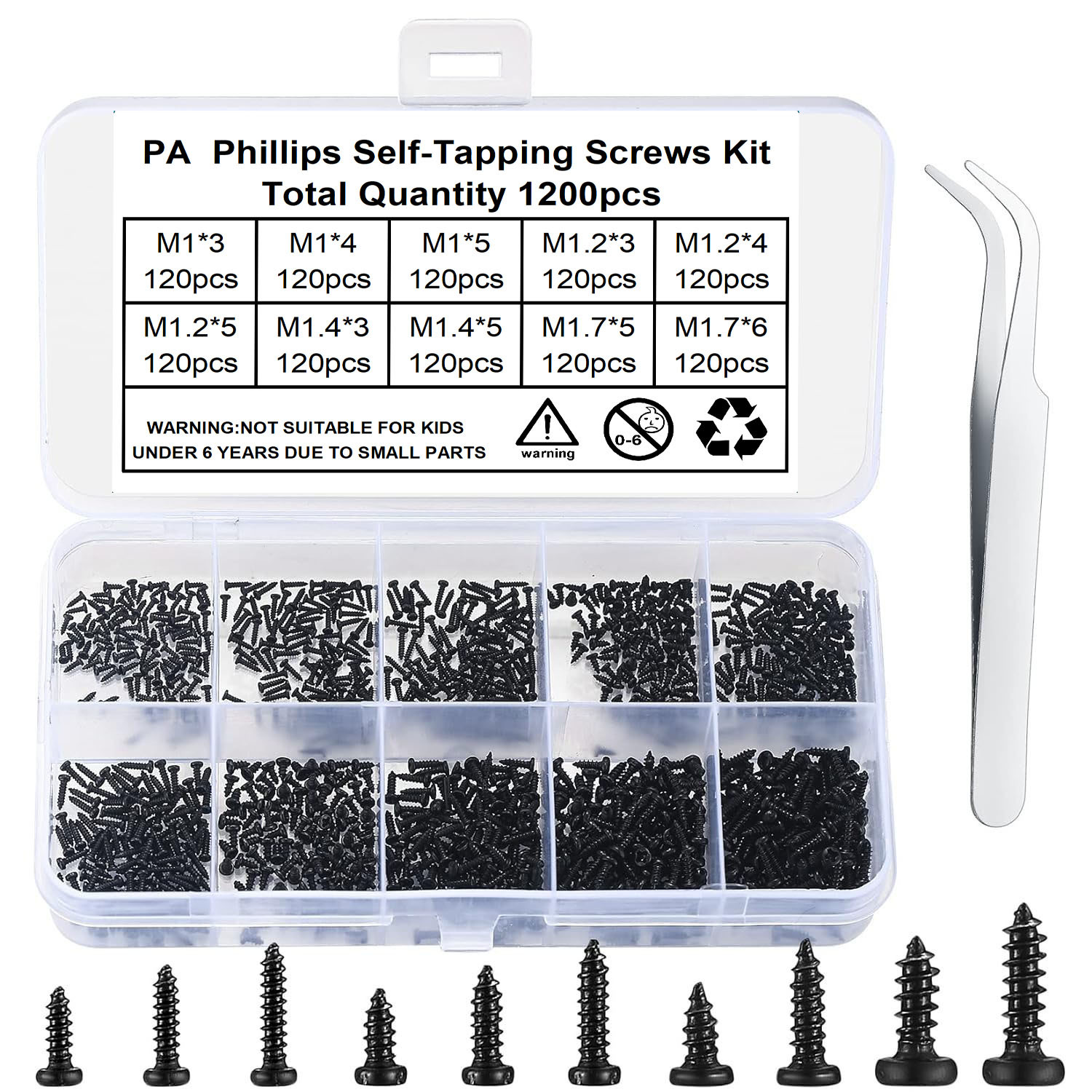 1200Pcs Cross Pan Head Self-Tapping Small Screws Assortment Kit M1 M1.2 M1.4 M1.5 M1.7 PA for Electronic Watch Glasses Repair